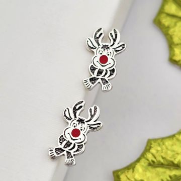 Cercei festivi - Nasul lui Rudolf cu email rosu - Inchizatoare surub - Argint 925