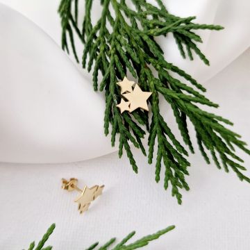 Cercei festivi - Sclipire Stelara - 3 stelute unite cu - Inchizatoare surub - Argint 925 placat cu Aur Galben 18K