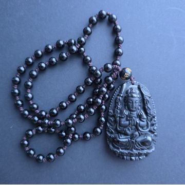 Colier amuleta obsidian negru | Praying Buddha