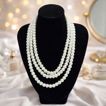 Colier cu trei siraguri din perle artizanale, Pearl Elegance, Ivory
