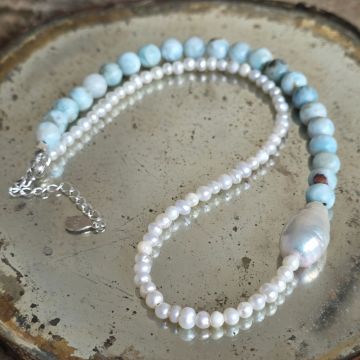 Colier larimar și perle Ocean Whisper #310