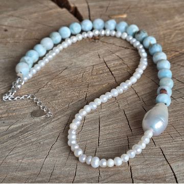 Colier larimar și perle Ocean Whisper #310