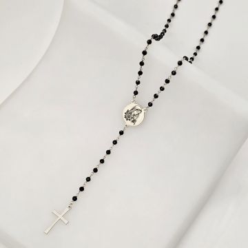 Colier Rozariu - Maica Sfanta & Cruce Mare - Lant cu pietre Onix - Argint 925