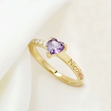 Inel Promisiune - Cristal Zirconia inimă și nume gravat - Argint 925 placat cu Aur Galben 18K