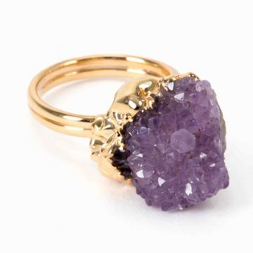 Inel usor Reglabil Auriu cu Ametist Natural Brut ,   Claritate Mentala si Protectie Energetica