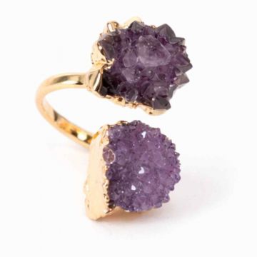Inel usor Reglabil Auriu cu Dublu Ametist Natural Brut ,   Claritate Mentals si Echilibru Emotional