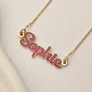 Lantisor cu nume si email roz - Argint 925 placat cu Aur Galben 18K