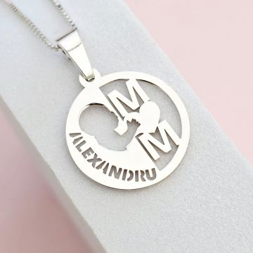Lantisor cu Pandantiv banut Bebe si Mom - nume decupat - Lant box - Argint 925