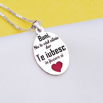 Lantisor cu pandantiv Bunica - Te iubesc in fiecare zi - Model oval 15 mm cu inima cu email rosu - Argint 925