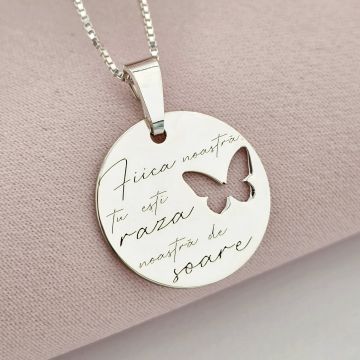 Lantisor cu pandantiv Fiica - Raza de soare - Model banut 18 mm cu fluture decupat - Argint 925