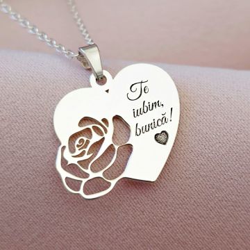 Lantisor cu pandantiv Inima si trandafir decupat - Te iubim bunica! - Lant forzatina - Argint 925