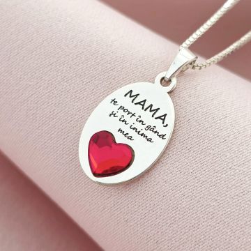 Lantisor cu pandantiv Mama - Te port in inima - Model oval 15 mm cu inima cristal Swarovski - Argint 925