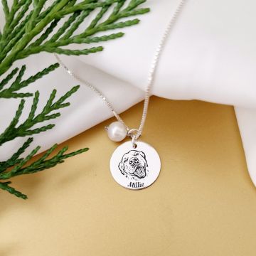Lantisor festiv cu fotogravura - Portret canin cu charm perla - Argint 925