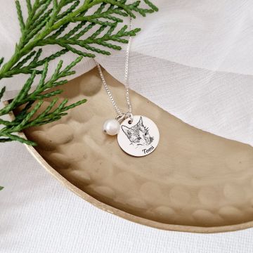 Lantisor festiv cu fotogravura - Portret de felina cu charm perla - Argint 925