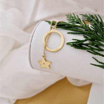 Lantisor festiv lariat - Patrundere stelara - Pandantiv disc si stea cu Diamant natural - Argint 925 placat cu Aur Galben 18K