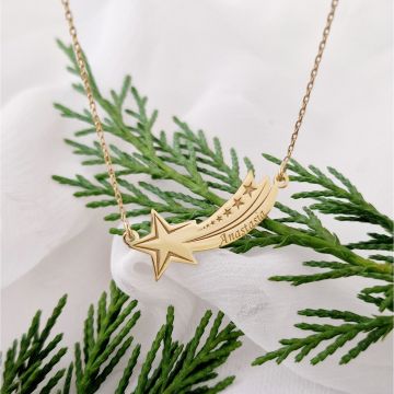 Lantisor festiv - Sclipire Stelara - Pandantiv stea cazatoare cu nume - Argint 925 placat cu Aur Galben 18K