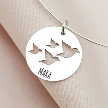 Lantisor fix cu Medalion rotund - personalizat cu Pasari calatoare si Nume personalizat - Argint 925