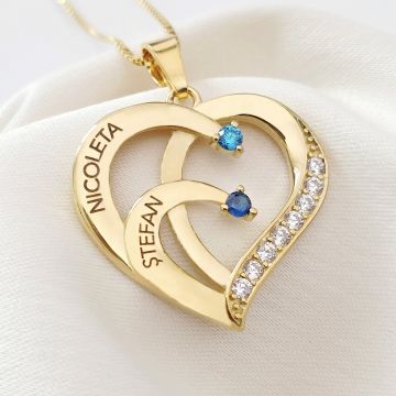 Lantisor Inima cu Poveste - 2 nume si Cristale Zirconia - Argint 925 placat cu Aur 18K