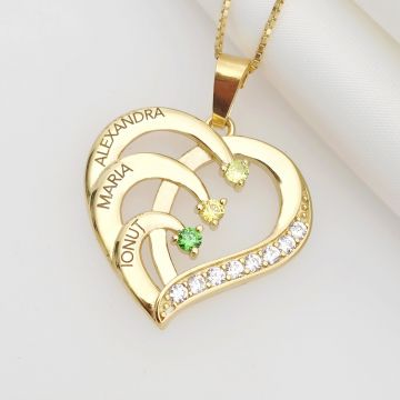 Lantisor Inima cu Poveste - 3 nume si Cristale Zirconia - Argint 925 placat cu Aur 18K