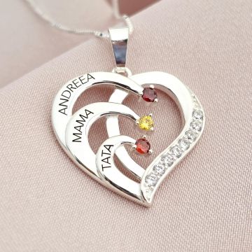 Lantisor Inima cu Poveste - 3 nume si Cristale Zirconia - Argint 925