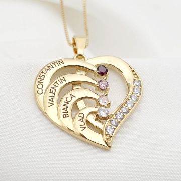 Lantisor Inima cu Poveste - 4 nume si Cristale Zirconia - Argint 925 placat cu Aur 18K