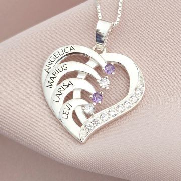 Lantisor Inima cu Poveste - 4 nume si Cristale Zirconia - Argint 925