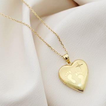 Medalion inima cu poze in interior - Footsteps&Birthstone - Argint 925 placat cu Aur Galben 18K