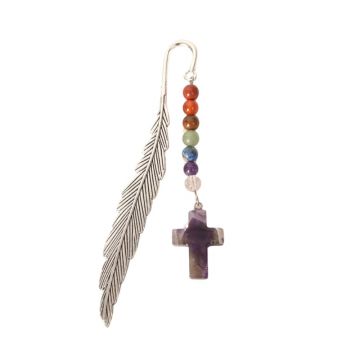 Semn de carte cu piatra naturala de Ametist, Cruce si 7 Chakre