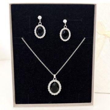 Set bijuterii de dama Feeling Oval Black din inox, cu piatra neagra si cristale, Argintiu