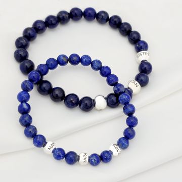 Set bratari Intelepciune - Pietre Lapis Lazuli & Bilute personalizate din Argint 925 - Snur elastic