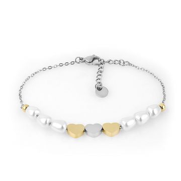 Brățară de Damă, Design Romantic Auriu cu Sidef și Inimioare - Auriu/Argintiu