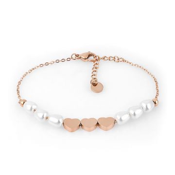 Brățară de Damă, Design Romantic Auriu cu Sidef și Inimioare - Rose Gold