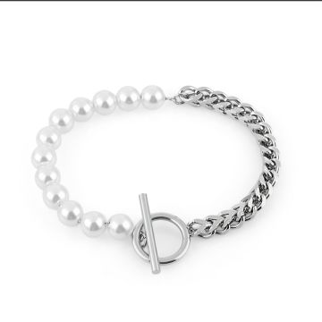 Brățară Freelook, Design Dual cu Zale și Perle Sidefate - Argintiu