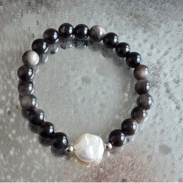 Brățară obsidian argintiu 8 mm | Pearl