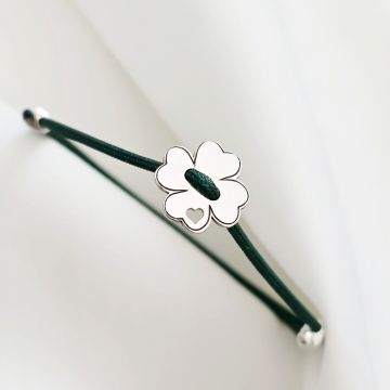 Brățara Trifoi cu patru foi si inima decupata - Șnur verde Gros - Argint 925