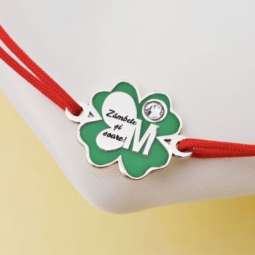 Brățara Trifoi cu Zambete – Initiala personalizata - Pandantiv si snur reglabil - Email verde & Cristal Swarovski