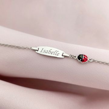 Bratara bebe - Placuta cu nume - Simbol buburuza colorata si lantisor - Argint 925