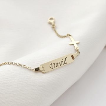 Bratara bebe - Placuta cu nume - Simbol cruciulita si lantisor - Argint 925 placat cu Aur Galben 18K