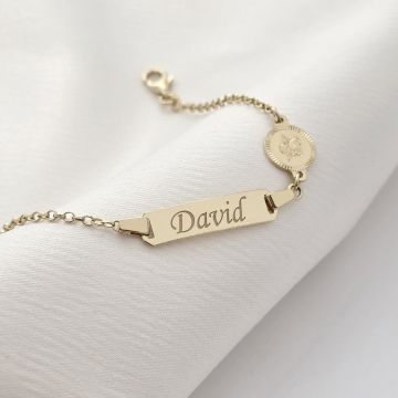 Bratara bebe - Placuta cu nume - Simbol ingeras si lantisor - Argint 925 placat cu Aur Galben 18K