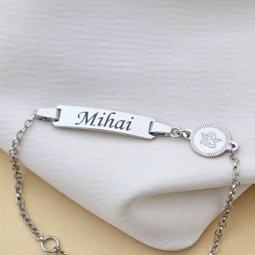 Bratara bebe - Placuta cu nume - Simbol ingeras si lantisor - Argint 925
