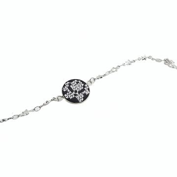 Bratara din inox cu broderie traditionala si lant inox Alb
