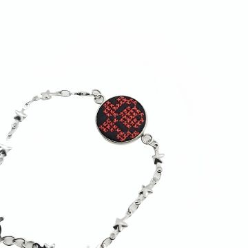 Bratara din inox cu broderie traditionala si lant inox Rosu