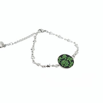 Bratara din inox cu broderie traditionala si lant inox Verde