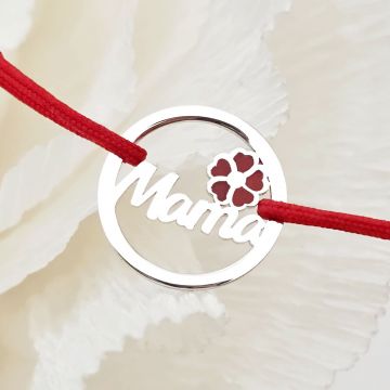 Bratara disc si nume decupat - Mama si floare cu email rosu - Argint 925 - Snur reglabil, diverse culori