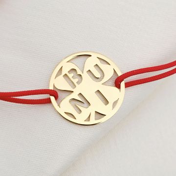 Bratara disc si trifoi cu patru foi - decupaj Buni - Argint 925 placat cu Aur Galben 18K- Snur reglabil, diverse culori