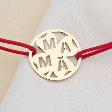 Bratara disc si trifoi cu patru foi - decupaj Mama - Argint 925 placat cu Aur Galben 18K- Snur reglabil, diverse culori