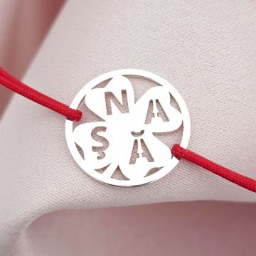 Bratara disc si trifoi cu patru foi - decupaj Nașă- Argint 925 - Snur reglabil, diverse culori