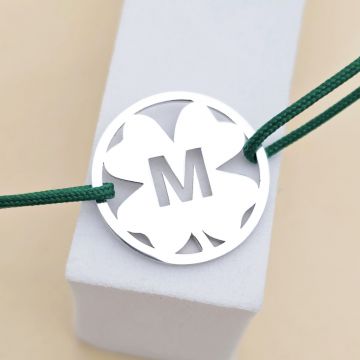 Bratara disc si trifoi - Initiala personalizata - Argint 925- Snur reglabil, diverse culori