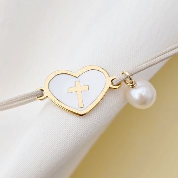 Bratara Inima pura - Bijuterie cu Har - Argint 925 placat cu Aur Galben 18K & Email alb - Snur reglabil