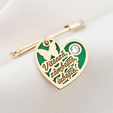 Brosa Ac de siguranta - Inima cu Zambete – Text personalizat - Argint 925 placat cu Aur Galben 18K - Email verde & Cristal Swarovski